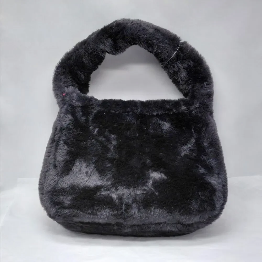 Paris Hilton Handbag Black Faux Fur Rhinestone Logo Baguette Y2K Festival Purse